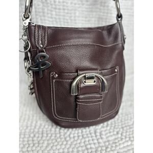 B Makowsky Brown Pebbled Leather Crossbody, Buckle Accent Purse Bag,  w/ Charms